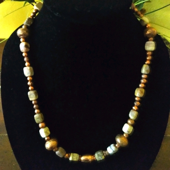 Handmade zebra Jade and Brass necklace - Picture 1 of 6
